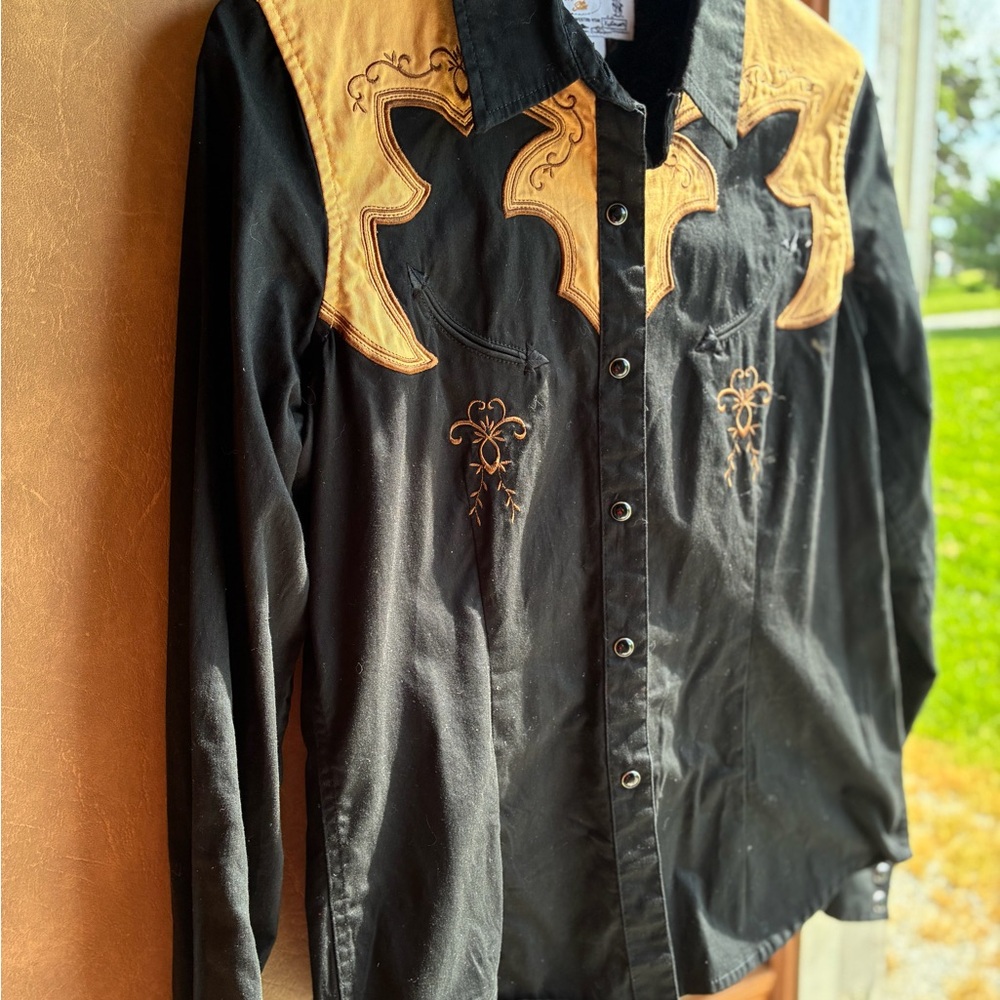 Panhandle Slim Black Western Button-Down Shirt with Tan Yoke